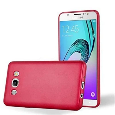 Abbildung von Cadorabo Hülle kompatibel mit Samsung Galaxy J7 2016 Schutzhülle TPU Silikon Case Metallic Design Slim Kratzfest Weiche Gummi Rundumschutz für in Rot