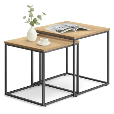 Abbildung von Home Collective Couchtisch 2er Set Beistelltisch Loft Design 2in1 Verschachtelung Wohnzimmer, kratzfeste Oberfläche 50&amp;45cm Sonoma Eiche schwarz Beinen quadratisch