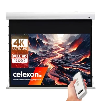 Abbildung von 110&quot; Zoll Tension Motor Leinwand celexon HomeCinema 16:9 240x135 cm weiß 4K Full HD 3D elektrisch, mit top Planlage; für tolle Projektionen Ihrem Beamer im eigenen Heimkino Deckenmontage