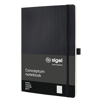 Abbildung von SIGEL CO310 Premium Notizbuch kariert, A4, Softcover, 194 nummerierte Seiten, schwarz, nachhaltiges Papier, mit Inhaltsverzeichnis, Stiftschlaufe, Falttasche, Gummibandverschluss, Conceptum