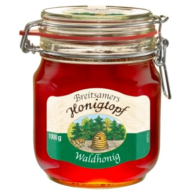Abbildung von Breitsamer Honig Honigtopf Wald 1.000g flüssig Kräftig, herb würziger Waldhonig im traditionellen Bügelglas von bewährter Imkerqualität (1 x 1kg)