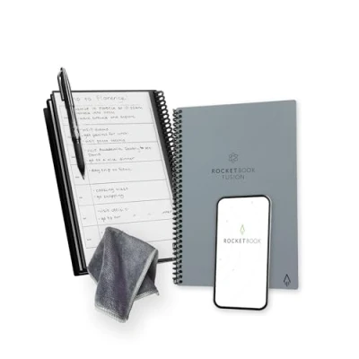 Abbildung von Rocketbook Fusion Wiederverwendbares Notizbuch &amp; Planer Nachhaltiger Umweltfreundlicher Kalender mit Spiralblock Inkl. Pilot Frixion Stift und Mikrofasertuch Executive A5 Grau