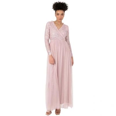Abbildung von Damen Maxikleid Verziert Wrap Tüll Rüschen V Ausschnitt Langarm für Hochzeit Gast Brautjungfer Abschlussball Ballkleid frosted Pink 12, pink, 38