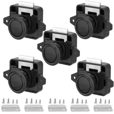 Abbildung von Schlüssellos RV Schrankschlösser mit Groß Push Button, ABS Cabinet Catch Verriegelung für Wohnmobile Wohnmobil Anhänger Wohnwagen Van Yachten Boote (Schwarz 5 Stück)