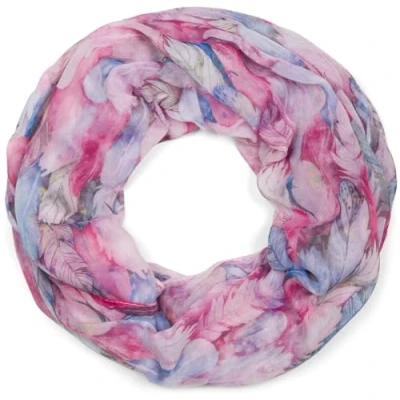Abbildung von styleBREAKER Damen Loop Schal mit buntem Feder Muster, leichter sommerlicher Boho Schlauchschal mehrfarbig 01016239, Farbe:Pink Blau