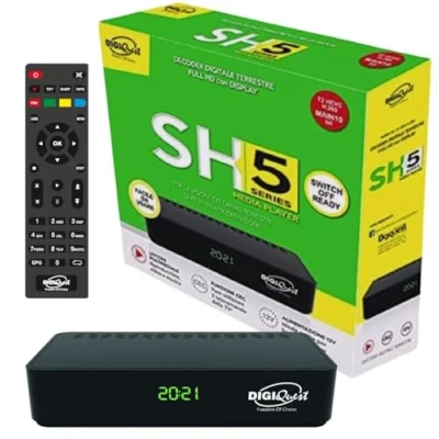Abbildung von Digiquest SH5 HEVC H.265 DVB T2 HD Receiver Chipsatz 10bit Full FTA, Tuner, Digital Terrestrischer Decoder, USB, HDMI, SCART, Ethernet LAN RJ 45, schwarz, Kunststoff