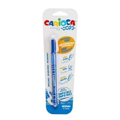 Abbildung von Carioca Oops schwarzer Stift, nachfüllbar, für Schule und Büro mit Kapuze, doppelter Gummi ergonomischer Griff, Farbe Blau, 1 Stück