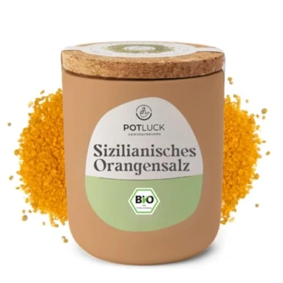 Abbildung von POTLUCK Bio Sizilianisches Orangensalz Gewürzsalz für Fisch, Geflügel, Gemüse und Salate 140g im Keramiktopf