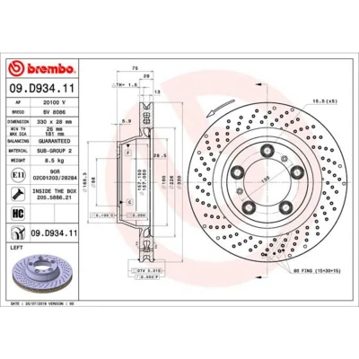 Abbildung von BREMBO 09.D934.11 Bremsscheibe 330 28 5 gelocht/innenbel. beschichtet hochgekohlt mit Schrauben PORSCHE: 911 Coupe, Cabrio