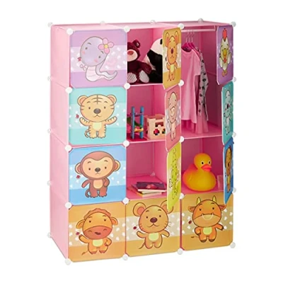 Abbildung von Relaxdays Steckregal Kinderzimmer, Tiermotive, Mädchen, Türen, Kleiderstangen, Kunststoff Kleiderschrank 145x110cm, rosa, 60%, Pink
