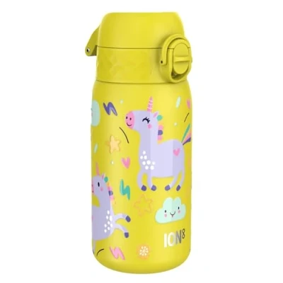 Abbildung von Ion8 Kinder Trinkflasche, Edelstahl 400ml, Auslaufsicher, Einhandöffnung, Sichere Verriegelung, Spülmaschinenfest, Klappdeckel, Tragegriff, Leicht zu Reinigen, Langlebig &amp; Kratzfest, Gelb Einhorn