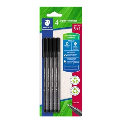 Abbildung von STAEDTLER dreikantiger Fineliner triplus, schwarz, aus recyceltem Kunststoff, superfeine, metallgefasste 0,3 mm Spitze, lange Lebensdauer, 4 schwarze auf Blisterkarte, 334 R 9BK
