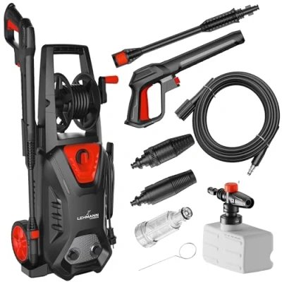 Abbildung von LEHMANN Hudson Hochdruckreiniger mit Aluminiumpumpe, 1800 W, max. 220 bar, 450 l/h Fördermenge, 5m Schlauch, Hochdruck Flächenreiniger Zubehör Verstellbarer Düse, Turbodüse, Schaumlanze
