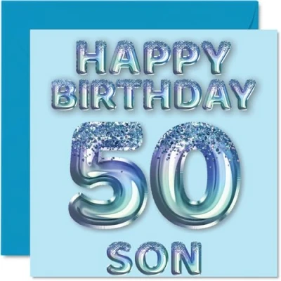 Abbildung von Geburtstagskarte zum 50. Geburtstag für Sohn, blaue Glitzer Party Luftballons, Happy Birthday Karten den 50 jährigen Sohn von Mama, Papa, Eltern, 145 mm x mm, Geburtstagsgrußkarten, Geschenk