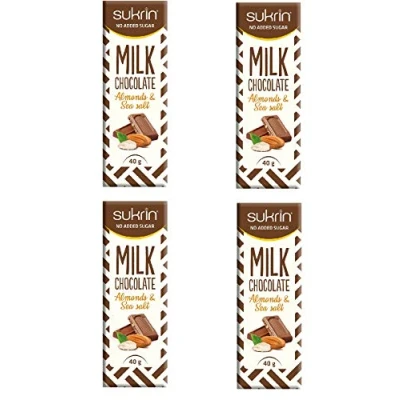 Abbildung von Sukrin Milchschokoladenriegel mit Mandeln und Meersalz kalorienreduziert, cremig glatt, hergestellt natürlichen Süßungsmitteln, 40 g (4 Stück)