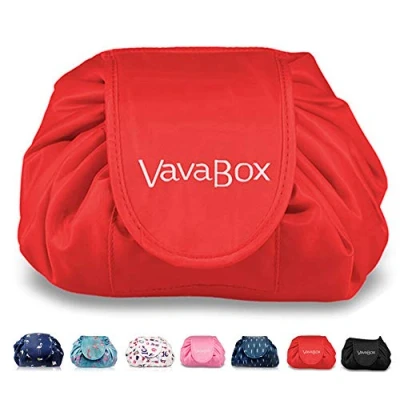 Abbildung von Lazy Kosmetikbeutel mit Kordelzug Portable Große Kosmetiktasche Reisetasche Make up Beutel Aufbewahrung Organisator für Damen Mädchen (Rot)