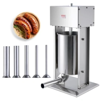 Abbildung von VEVOR Elektrischer Wurstfüller, 12 L vertikaler Fleischfüller, 200 W, stufenlose Geschwindigkeitsregelung und Pedal, aus lebensmittelechtem 304 Edelstahl, 5 Füllrohre für den Heim Gewerbebereich