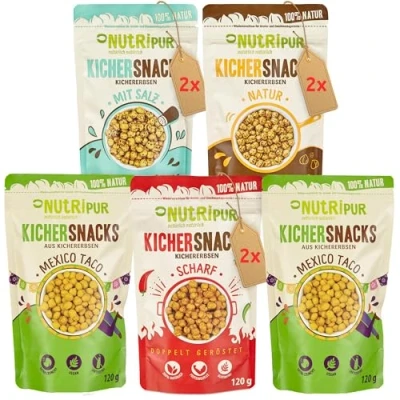 Abbildung von Kichererbsen Snacks: 8x120g Kicher Erbsen Snack aus köstlich gewürztem Mehl 5 Sorten Kichersnacks Salzige Snacks Vegan von NutriPur
