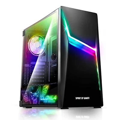 Abbildung von Spirit of Gamer Clone 4 PC Gehäuse RGB mit Durchsichtiger Wand Aus Gehärtetem Glas Erstellen Sie Ihren Gaming Tower Mittel Kompatibel ATX/MATX/ITX 2 Lüfter Adressierbar 120mm Enthalten
