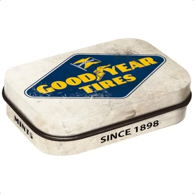 Abbildung von Nostalgic Art Retro Pillendose, 4 x 6 1,6 cm, Goodyear Logo White Geschenk Idee für Motor Fans, mit Pfefferminz Dragees, Vintage Design