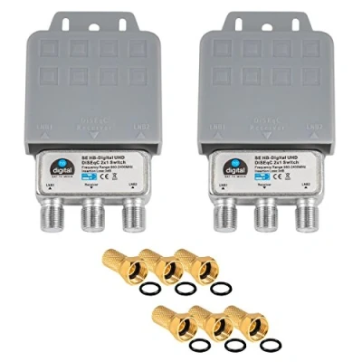 Abbildung von 2X DiseqC Schalter Switch 2/1 mit Wetterschutzgehäuse HB DIGITAL SAT LNB 1 x Teilnehmer/Receiver für Full HDTV 3D 4K UHD + 6 Vergoldete F Stecker Vergoldet