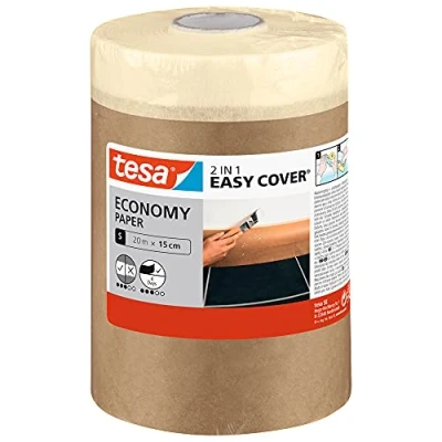 Abbildung von tesa Easy Cover UNIVERSAL Papier 2in1 Malerabdeckpapier mit selbstklebendem Abdeckband für Malerarbeiten und Renovierungen 20 m x 15 cm