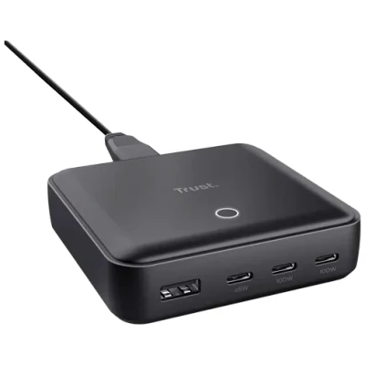 Abbildung von Trust Maxo 100W 4 Port USB C Ladegerät, Schnellladegerät 3X 1x A, Netzteil, 1,5 m Netzkabel, Multiport Charger Hub Desktop Ladestation für Büro Mobile iPhone iPad Tablet Laptop