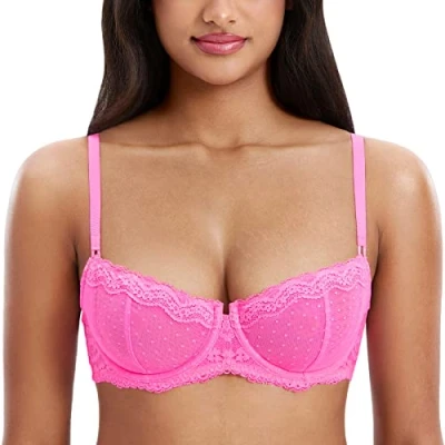 Abbildung von DOBREVA Balconette BH Damen mit Bügel Push Up Dirndl Spitze BHS Sexy Grosse Grössen Ungefüttert Neon Rosa 75C