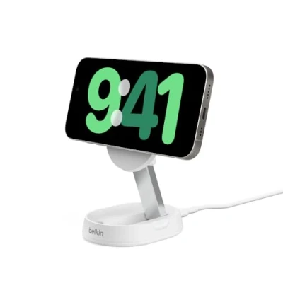 Abbildung von Belkin BoostCharge Pro induktive Ladestation 15W, Qi2 Ladegerät, kabelloses kompatibel mit MagSafe, für Apple iPhone 15, 14, 13, 12, AirPods Weiß