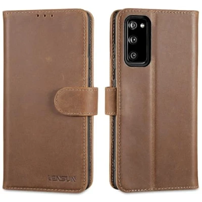 Abbildung von LENSUN Echtleder Hülle für Samsung Galaxy S20 FE, Handyhülle [Echtes Leder][Bookstyle][RFID Blocker] Handytasche Lederhülle FE 4G/5G Vintage Dunkelbraun