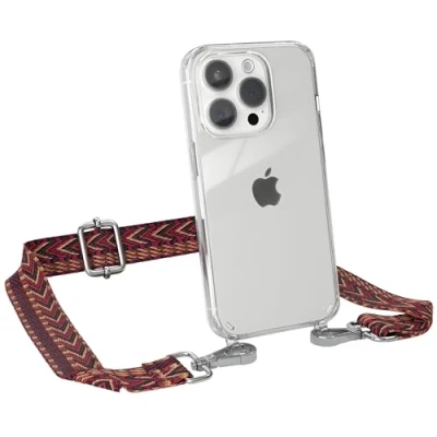 Abbildung von EAZY CASE Handykette mit verstellbarem Trageriemen für iPhone 15 Pro Taschengurt zum Wechseln transparenter Handyhülle Hülle dünner Schulterriemen in Rot Braun Silber