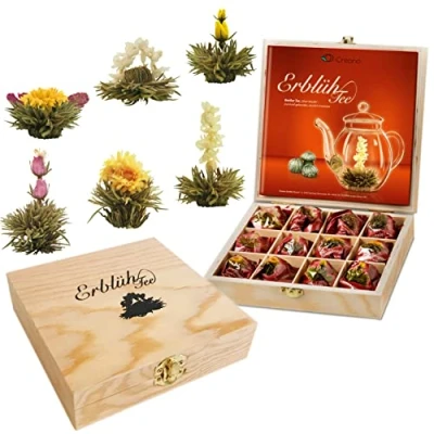 Abbildung von Creano Teeblumen Geschenkset in Teekiste aus Holz, 12 Erblühtee 6 Sorten Weißtee, Geschenk für Frauen, Mutter, Teeliebhaber