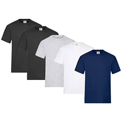 Abbildung von Fruit of the Loom Herren Regular Fit T Shirt Heavy Cotton Tee 5 Pack,2X Schwarz + 1x Weiss Grau Navy 1 HL Kauf Notizblock M