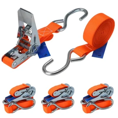 Abbildung von Spanngurt mit Ratsche und S Haken 4er Set 700 kg Zurrgurt DIN EN 12195 2 Ratschengurt teilig orange 4 m oder 6 m, 25 mm breit Pack 2.5 cm x