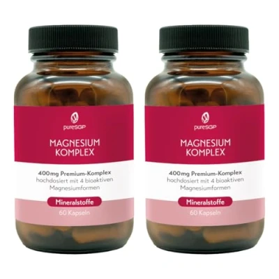 Abbildung von pureSGP Magnesium Komplex 400 mg reines Premium aus 4 hochwertigen Magnesiumformen. Hohe Bioverfügbarkeit. Labor geprüft, hochdosiert. Vegan (2er (120 Stück))