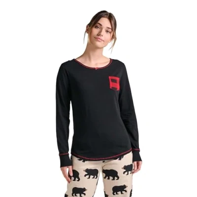 Abbildung von Hatley Damen Long Sleeve Pajama Tops Pyjamaoberteil, Schwarz Mit Buffalo Plaid Pocket, Mittel