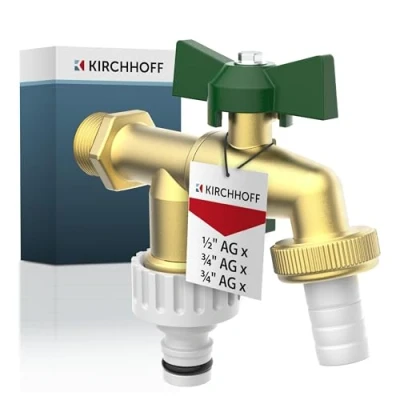 Abbildung von KIRCHHOFF 99720224 Doppelwasserhahn 1/2 Zoll x 3/4 Zoll, Garten Wasserhahn mit 2 Anschlüssen, Wege Außenwasserhahn für Gartenschlauch, Auslaufhahn Keller und