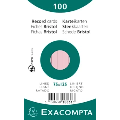 Abbildung von Exacompta 10831X 100er Pack Karteikarten liniert 7,5 x 12,5 cm in Folie eingeschweißt ideal für die Schule und Universität zum Lernen rosa