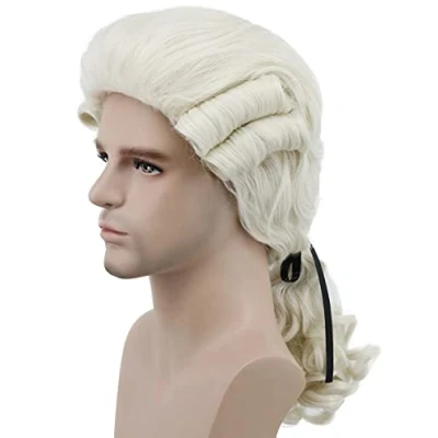 Abbildung von karlery Richter Kolonial Perücke Herren Lang Welle Beige Männer Washington Halloween Kostüm Anime Cosplay