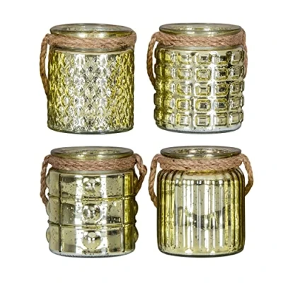 Abbildung von levandeo 4er Set Windlicht H10cm Glas Gold Gelb Teelichthalter Tischdeko Kerzen Deko Retro Kerzenhalter Flachs