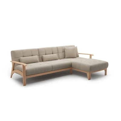 Abbildung von Cavadore Ecksofa Billan / Eckcouch im skandinavischen Design mit Longchair und massivem Holzgestell in Buche 264 x 88 183 Flachgewebe, Beige