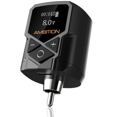 Abbildung von Tattoo Netzteil Ambition Kuark Mini, kabellos, tragbar, RCA Tattoo, 1800 mAh, Lithium Akkupack mit LED Digitalanzeige für rotierende Tattoomaschinen