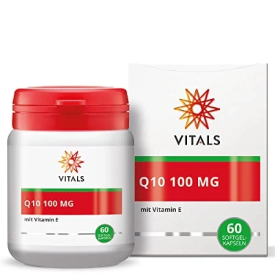 Abbildung von Vitals Q10 100mg 60 Softgel Kapseln mit 20mg natürliches Vitamin E. Reines und hochwertiges Q10. Vom weltweit führenden Spezialisten Kaneka. Nach strengen GMP Standards produziert