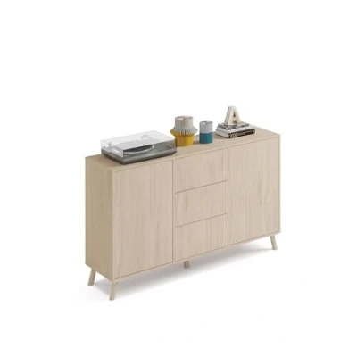 Abbildung von Muebles Pitarch Sideboard für Wohn und Esszimmer, Buffet, Beistellschrank, 2 Türen 3 Schubladen, Eiche Aurora, 89x140x40 cm, Speisekammer, Küche, Büro, Druckverschluss oder Push Pull, Modern, Nordisch, Modell Oslo