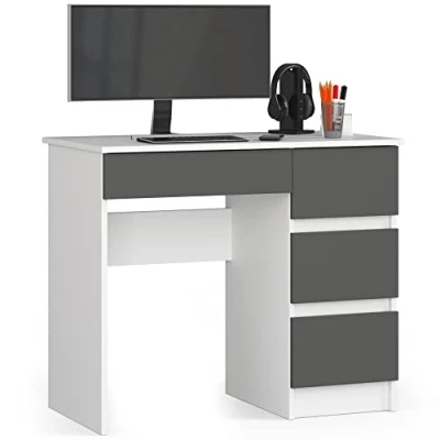 Abbildung von AKORD Computertisch Schreibtisch 4 Schubladen Komfort Hohe Qualität Solide Für Zuhause das Büro Ergonomie die Arbeit B90 x H77 T50 cm Weiß &amp; Graphitgrau Front
