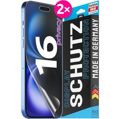 Abbildung von 2x se® 3D SCHUTZFOLIE Privacy für Apple iPhone 16 ,Blickschutz entspiegelt, 100% Fingerabdruck &amp; FaceID kompatibel, anti Fingerabdrücke, Stoß Kratzfest, hüllenfreundlich, produziert in Deutschland