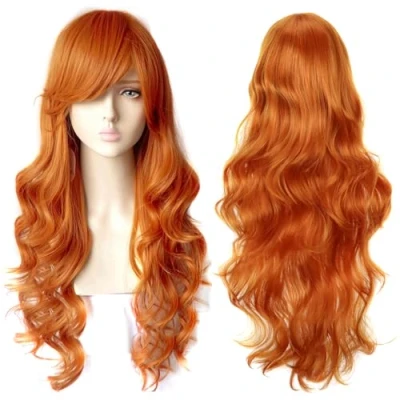 Abbildung von Colorfulpanda Perücke Orange Lange Natürliche Gewellte Mode Locken mit Pony Synthetische Wig für frauen mädchen Cosplay Halloween kostüm party,perücke Rot Braun 80 cm