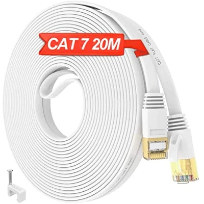 Abbildung von LAN Kabel 20meter Cat 7, Netzwerkkabel 20m Flach Weiß Ethernet Kabel, FTP Schirmung Hochgeschwindigkeit 10000Mbits RJ45 Internetkabel, Wasserfest Gigabit Patchkabel für Router Modem Switch (20 Clips)