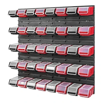 Abbildung von PAFEN Stapelbox Wandregal 772 x 780 mm Lagersystem 40 Stück Boxen mit Deckel Lagerregal Sichtlagerkästen Schüttenregal, Schwarz/Rot