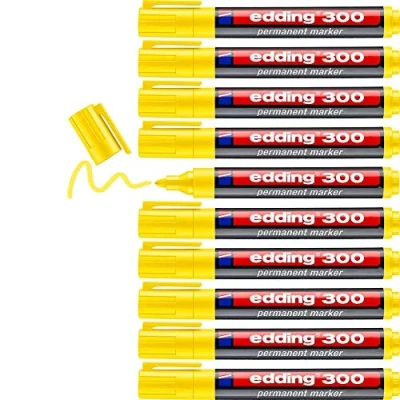 Abbildung von edding 300 Permanentmarker gelb 10 Stifte Rundspitze 1,5 3 mm wasserfest, schnell trocknend wischfest für Karton, Kunststoff, Glas, Holz, Metall, Glas